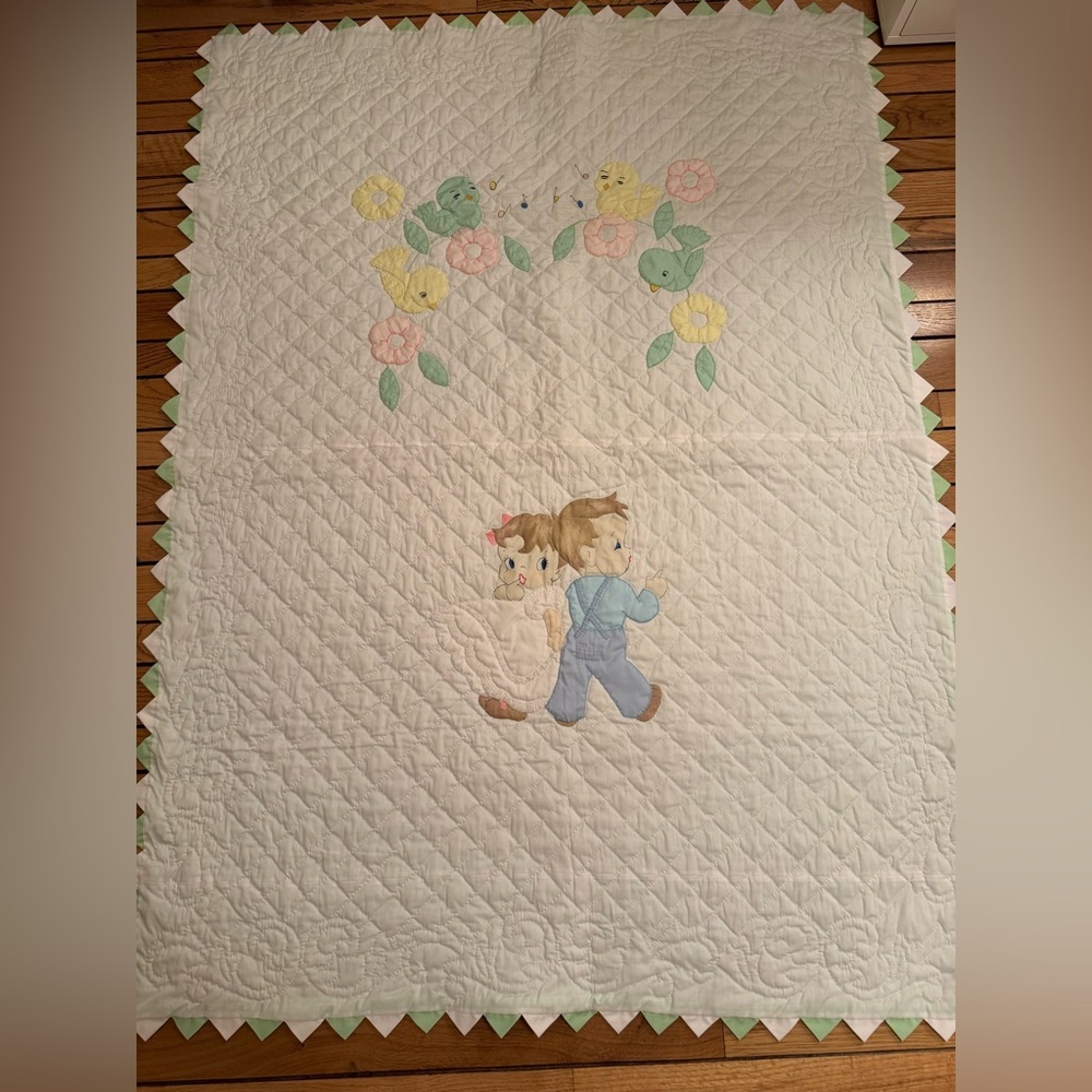 Embroidered Children's Quilt - White and Pastel Design